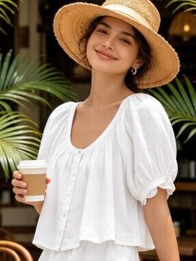 Tuckernuck Linen Cream Blouse Size L